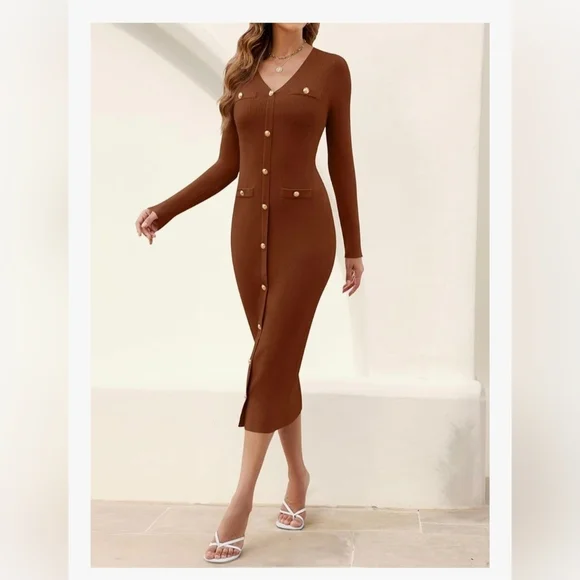 MIROL Women's V-Neck Bodycon Sweater Dress #1094 - Picture 7 of 12